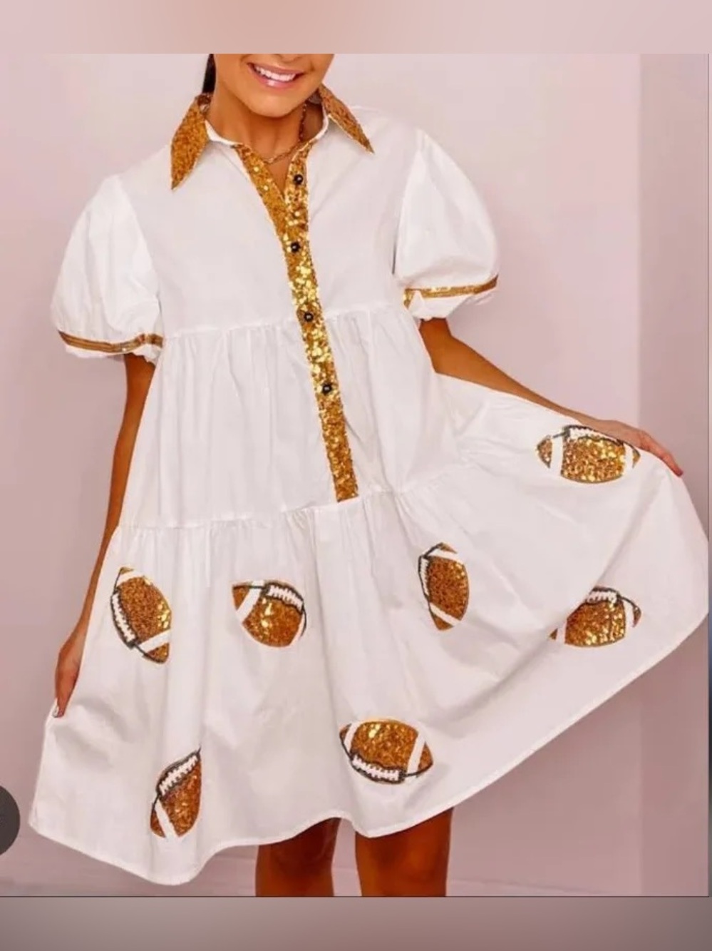 Fantastic Fawn White Tiered Dress with Gold Sequin Collar & Football Appliqués
